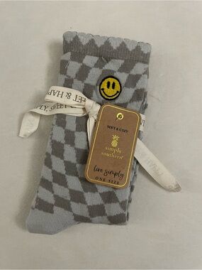 Simply Southern Gray Checkered Socks with Yellow Smiley Patch NWT 100% Cotton